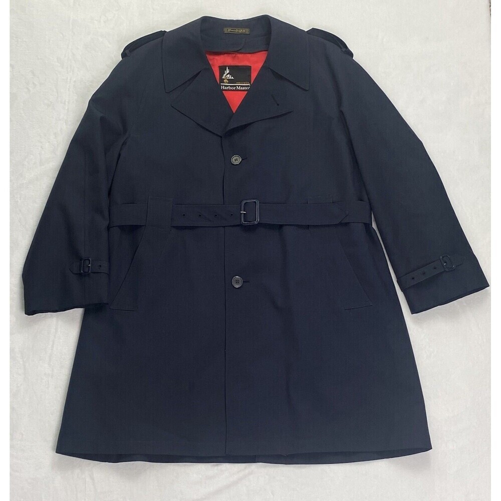 Harbor Master Trench Coat Mens Size 46 Navy Blue Wool Liner Made In USA